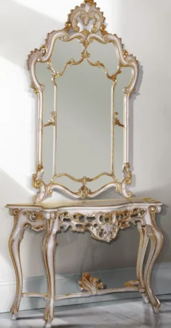 Casa Padrino Luxus Barock Spiegelkonsole Weiß / Antik Gold 125 x 41 x H. 232 cm - Prunkvoller Konsolentisch mit Wandspiegel - Barock Möbel