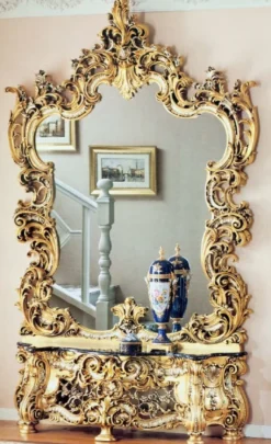 Casa Padrino Luxus Barock Spiegelkonsole mit Marmorplatte Gold / Silber / Schwarz - Prunkvolle Hotel & Schloss Möbel - Luxus Qualität - Made in Italy