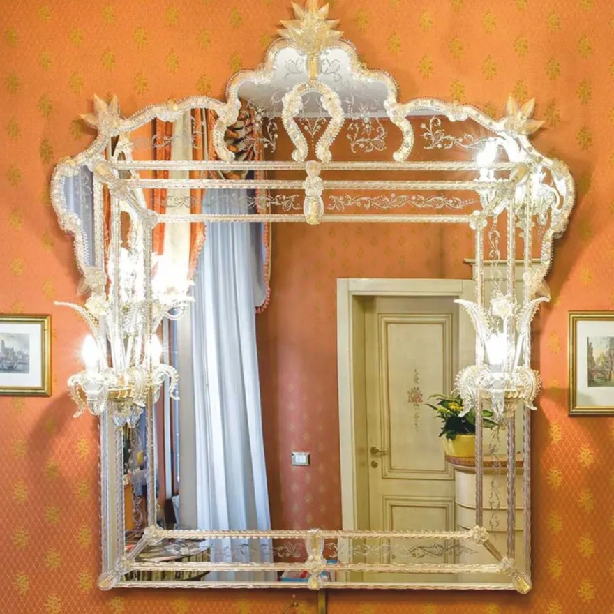 Casa Padrino Luxus Barock Spiegel mit 2 Wandleuchten Gelb 150 x H. 160 cm - Made in Italy