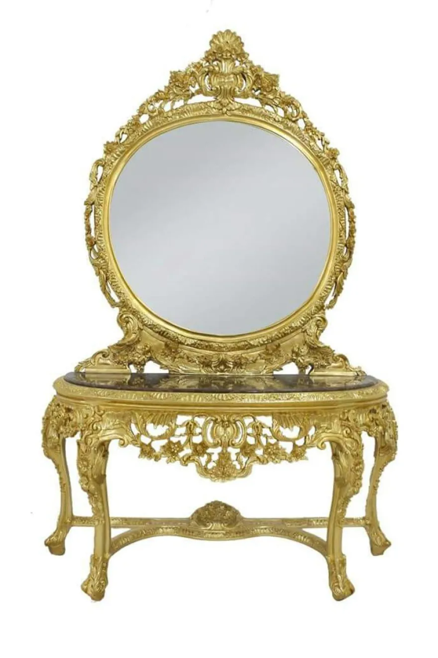 Casa Padrino Luxus Barock Spiegelkonsole mit Marmorplatte, Gold / Schwarz, 120 x 220 cm