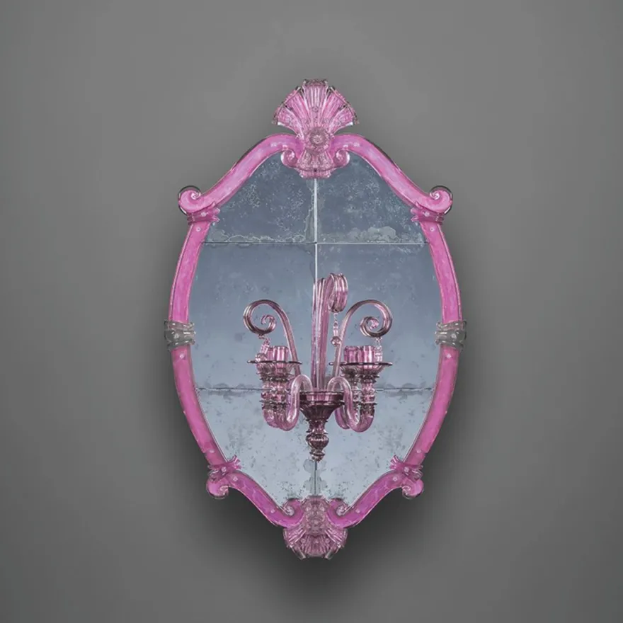 Casa Padrino Luxus Barock Spiegel mit Doppel Wandleuchte Rosa H. 110 cm - Made in Italy