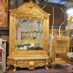Casa Padrino Luxus Barock Spiegelkonsole Gold 170 x H. 280 cm - mit Löwenkopf - Prunkvoller Konsolentisch mit Wandspiegel - Antik Stil Flur Möbel - Barock Möbel
