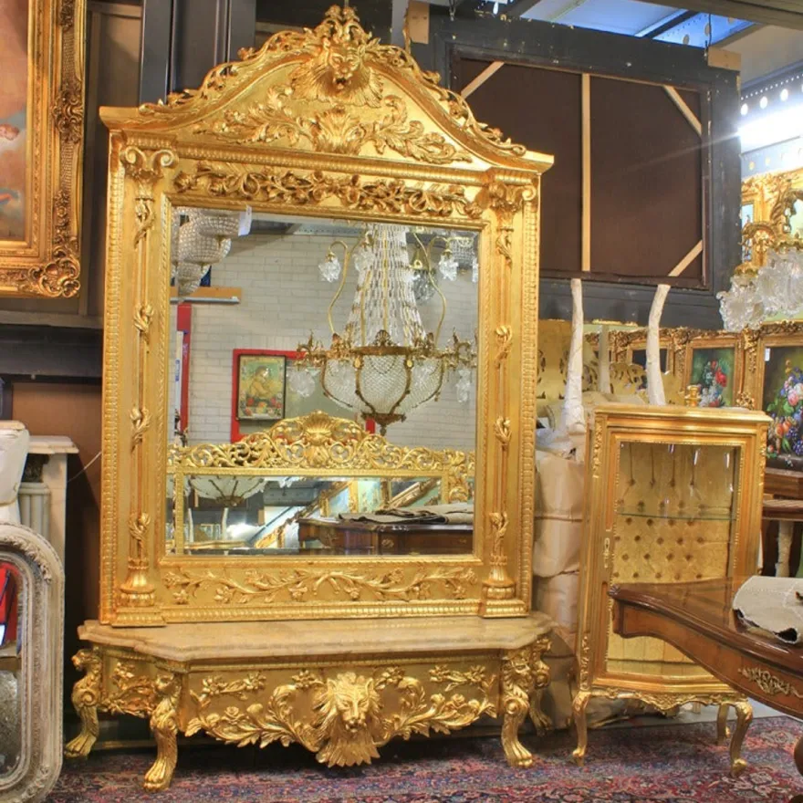 Casa Padrino Luxus Barock Spiegelkonsole Gold 170 x H. 280 cm - mit Löwenkopf - Prunkvoller Konsolentisch mit Wandspiegel - Antik Stil Flur Möbel - Barock Möbel