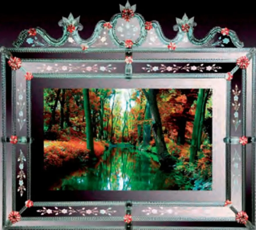 Casa Padrino Luxus Barock Spiegel Grün / Rot - Prunkvoller Wandspiegel im Venezianischen Stil mit integriertem 46 Zoll TV - Hotel Möbel - Barock Möbel - Luxus Möbel im Barockstil - Made in Italy