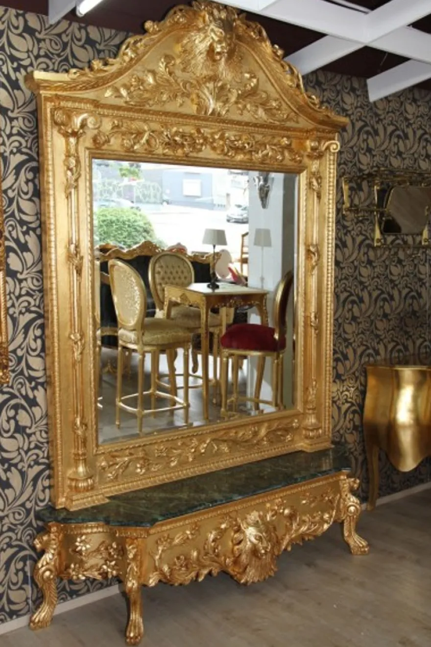 Casa Padrino Luxus Barock Spiegelkonsole Gold Lion, Massivholz Gold mit grünem Marmor, 185 x 45 x 275 cm