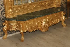 Casa Padrino Luxus Barock Spiegelkonsole Gold Lion, Massivholz Gold mit grünem Marmor, 185 x 45 x 275 cm