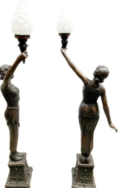 Casa Padrino Luxus Barock Stehleuchten Damen mit Fakeln Bronzefarben / Weiß 65 x 30 x H. 190 cm - Elegante Bronze Deko Skulpturen - Prunkvolle Barock Bronze Leuchten