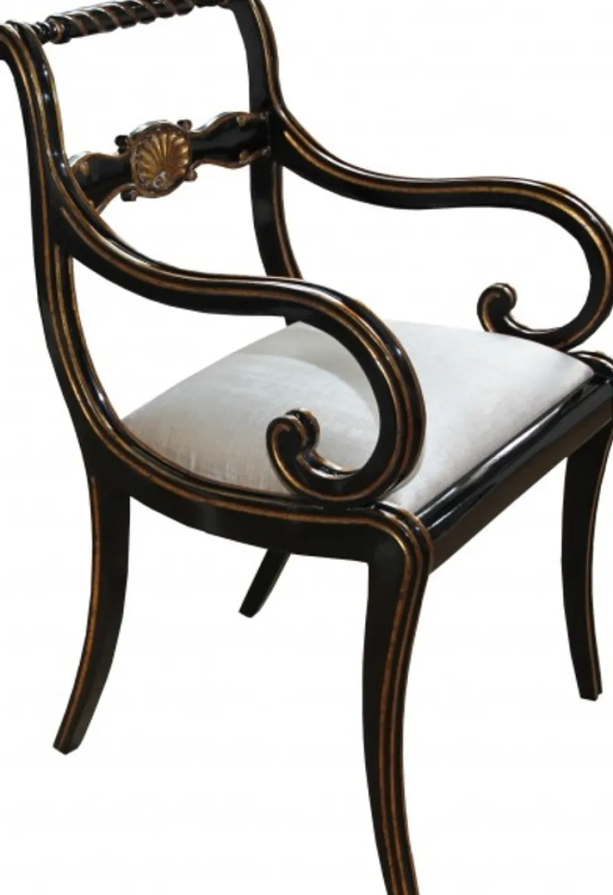 Casa Padrino Luxus Barock Stuhl mit Armlehnen Schwarz / Gold / Creme - Luxus Schreibtisch Stuhl