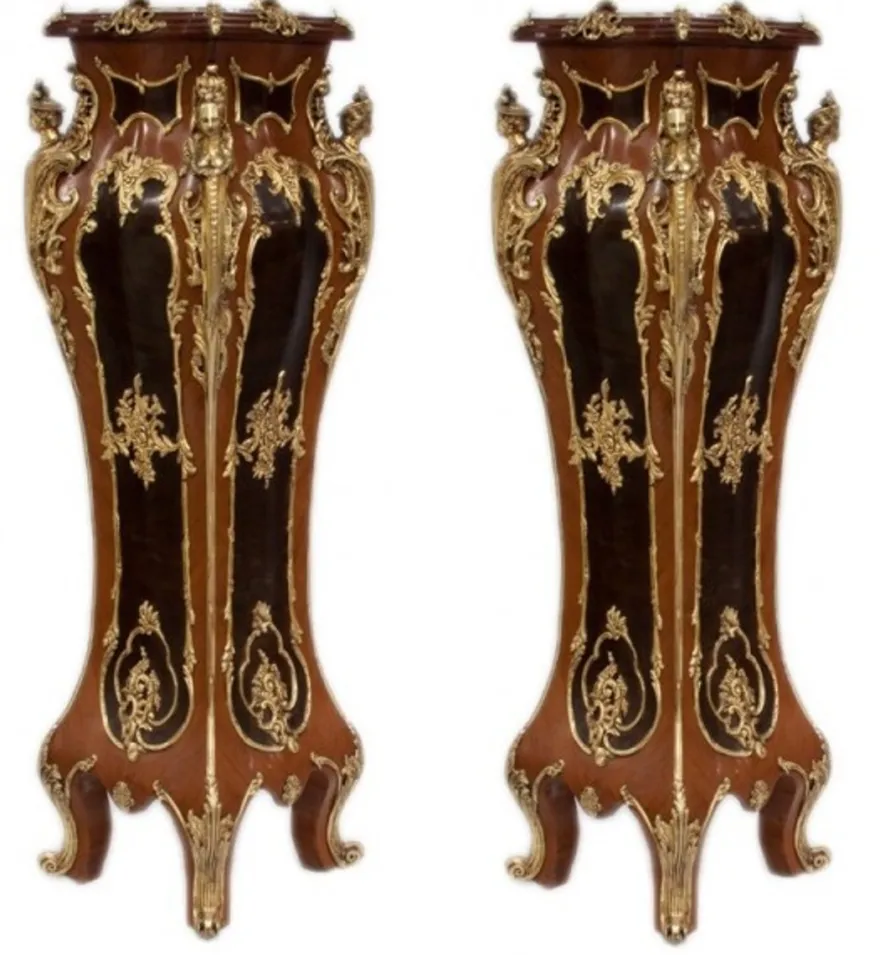Casa Padrino Luxus Barock Säulen Set aus Massivholz in Mahagoni und Gold, 2er Set, H 160 cm x B 40 cm x T 40 cm