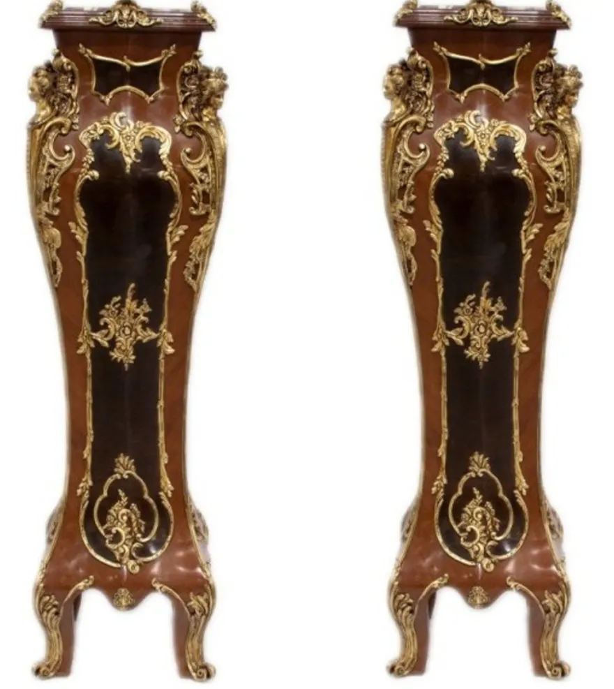 Casa Padrino Luxus Barock Säulen Set aus Massivholz in Mahagoni und Gold, 2er Set, H 160 cm x B 40 cm x T 40 cm