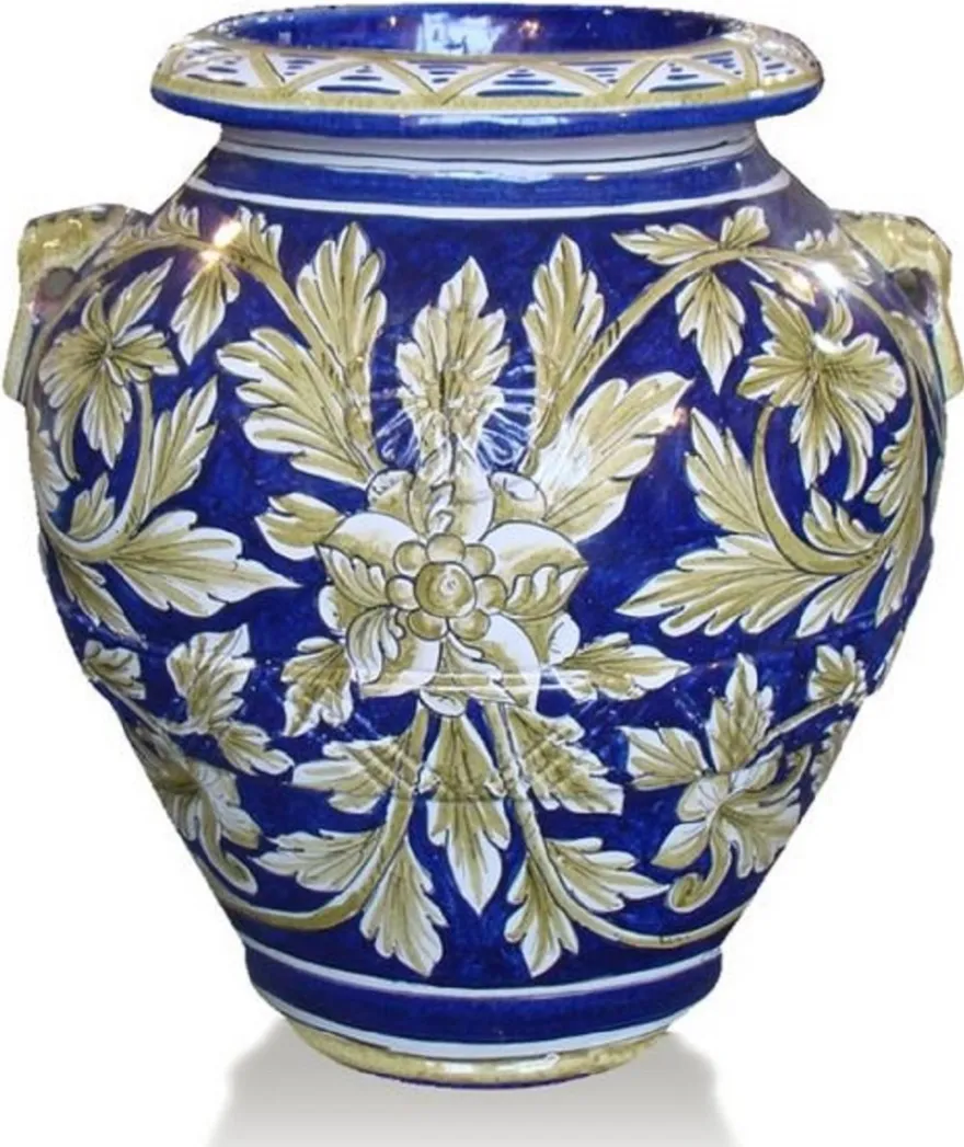 Casa Padrino Luxus Barock Terracotta Vase Blau / Gold / Weiß - Verschiedene Größen - Prunkvolle handgefertigte & handbemalte Blumenvase - Barock Deko Accessoires