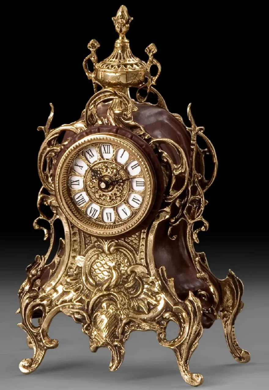 Casa Padrino Luxus Barock Tischuhr Gold / Braun 19 x H. 35 cm - Handgefertigte Bronze Uhr im Barockstil - Barock Schreibtischuhr - Barock Schreibtisch Deko - Barock Deko Accessoires - Barockstil Uhren