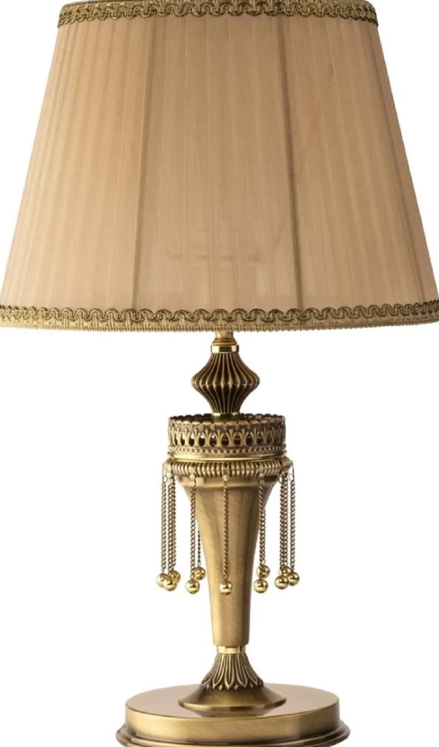Casa Padrino Luxus Barock Tischleuchte Messing mit Patina / Beige / Gold Ø 30 x H. 50 cm - Runde Messing Schreibtischleuchte mit Lampenschirm - Barock Leuchten