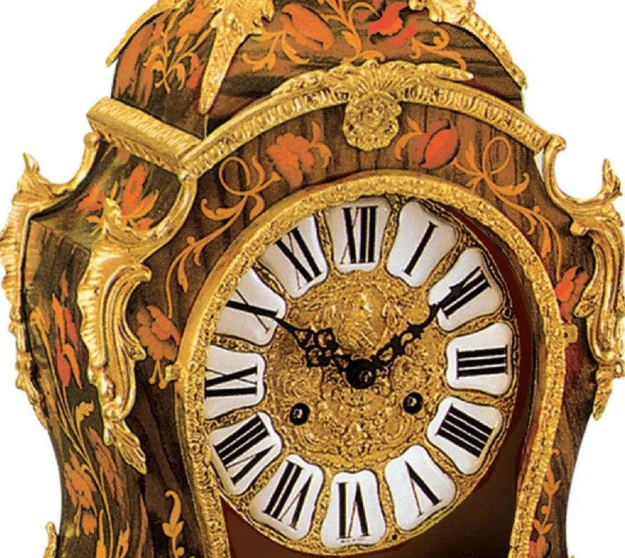 Casa Padrino Luxus Barock Tischuhr Braun / Mehrfarbig / Gold - Prunkvolle Barockstil Uhr - Handgeschnitzte Barock Schreibtischuhr - Luxus Qualität - Made in Italy