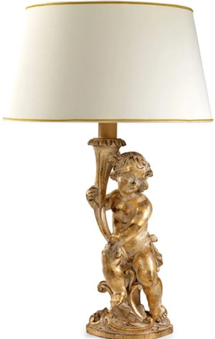 Casa Padrino Luxus Barock Tischleuchte Antik Gold / Weiß-Gold Ø 20 x H. 54,5 cm - Prunkvolle Barockstil Schreibtischleuchte mit Lampenschirm - Luxus Qualität - Made in Italy
