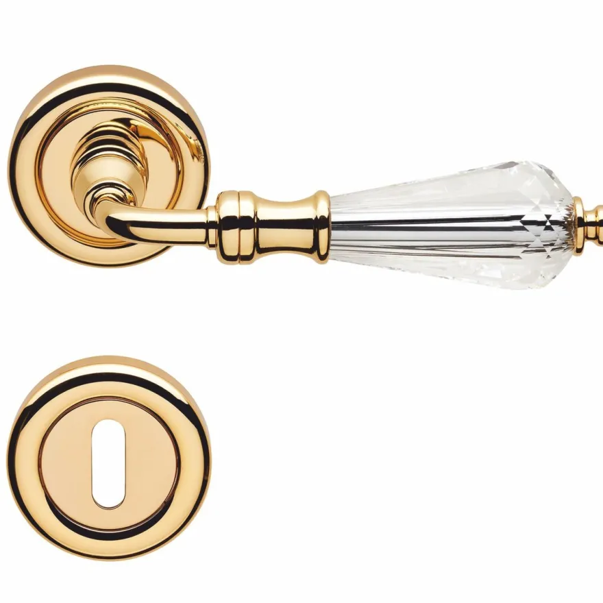 Casa Padrino Luxus Barock Türklinken Set mit Kristallglas Gold 13,7 cm - Türgriffe mit Rosetten - Barock Accessoires - Made in Italy