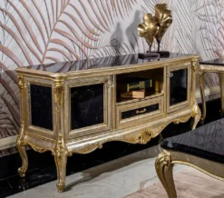 Casa Padrino Luxus Barock TV Schrank Silber / Schwarz / Gold - Prunkvolles Massivholz Sideboard mit 2 Türen und Schublade - Wohnzimmer Möbel im Barockstil - Barock Möbel - Edel & Prunkvoll