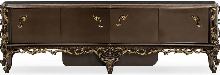 Casa Padrino Luxus Barock TV Schrank Braun / Gold - Prunkvolles Massivholz Sideboard mit 4 Türen - Wohnzimmer Möbel im Barockstil - Barock Möbel - Edel & Prunkvoll