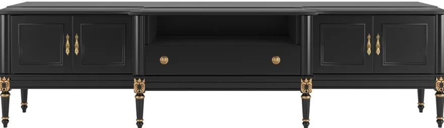Casa Padrino Luxus Barock TV Schrank Schwarz / Antik Gold 235 x 55 x H. 65 cm - Fernsehschrank mit 4 Türen und Schublade - Edle Barock Wohnzimmer Möbel