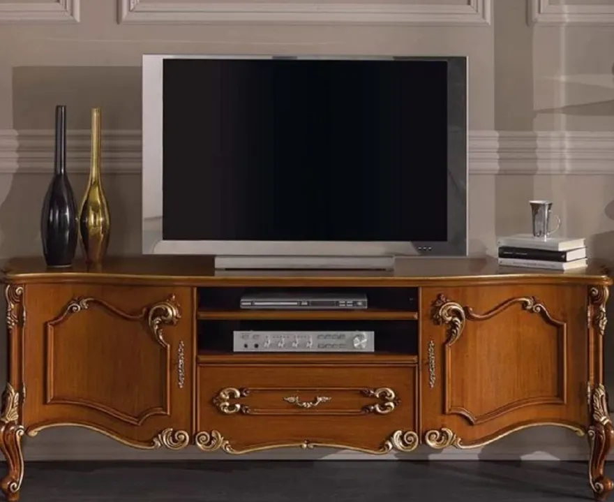 Casa Padrino Luxus Barock TV Schrank Braun / Gold - Handgefertigtes Massivholz Sideboard mit 2 Türen und Schublade - Barock Wohnzimmer Möbel - Luxus Qualität - Made in Italy