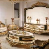 Casa Padrino Luxus Barock TV Schrank Weiß / Blau / Gold - Prunkvolles Wohnzimmer Sideboard mit Rückwand - Barock Wohnzimmer Möbel - Edel & Prunkvoll