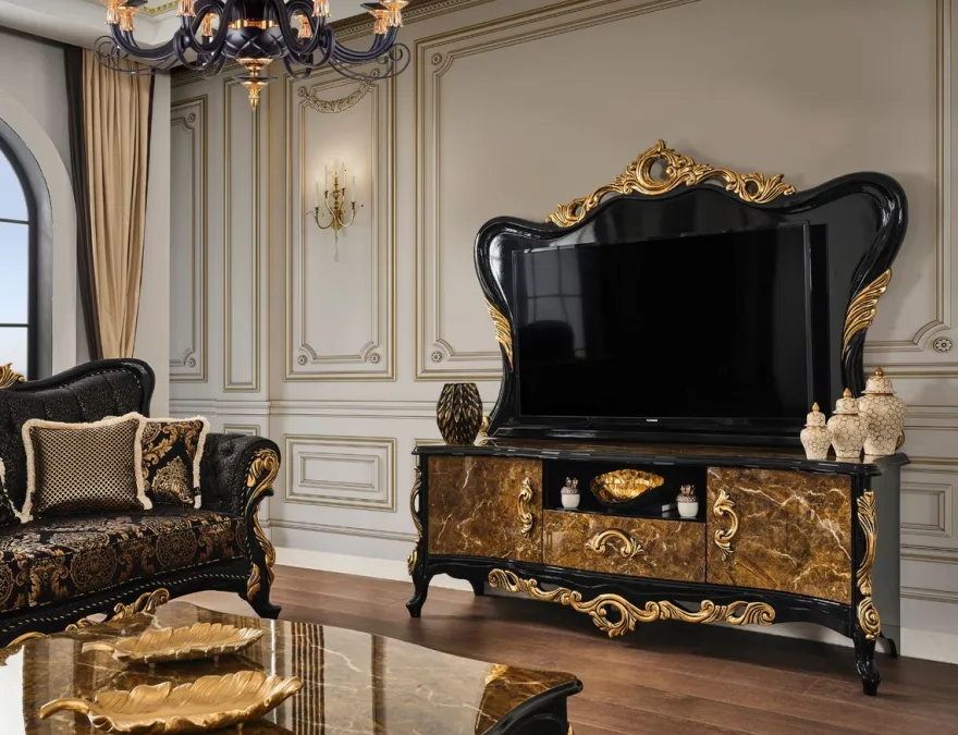 Casa Padrino Luxus Barock TV Schrank Braun / Schwarz / Gold 180 x 50 x H. 190 cm - Prunkvolles Massivholz Sideboard - Barock Wohnzimmer Möbel