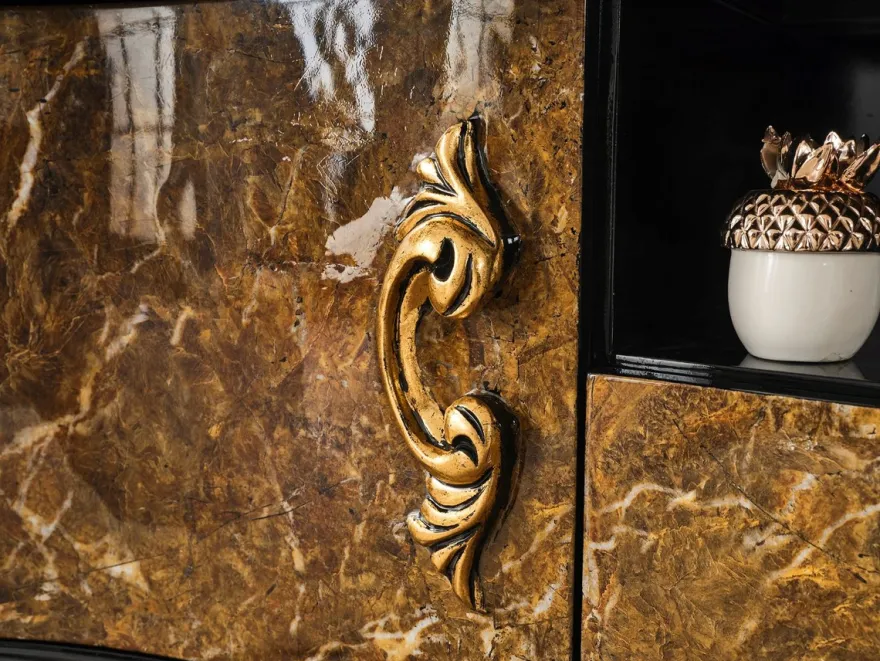 Casa Padrino Luxus Barock TV Schrank Braun / Schwarz / Gold 180 x 50 x H. 190 cm - Prunkvolles Massivholz Sideboard - Barock Wohnzimmer Möbel