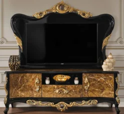 Casa Padrino Luxus Barock TV Schrank Braun / Schwarz / Gold 180 x 50 x H. 190 cm - Prunkvolles Massivholz Sideboard - Barock Wohnzimmer Möbel