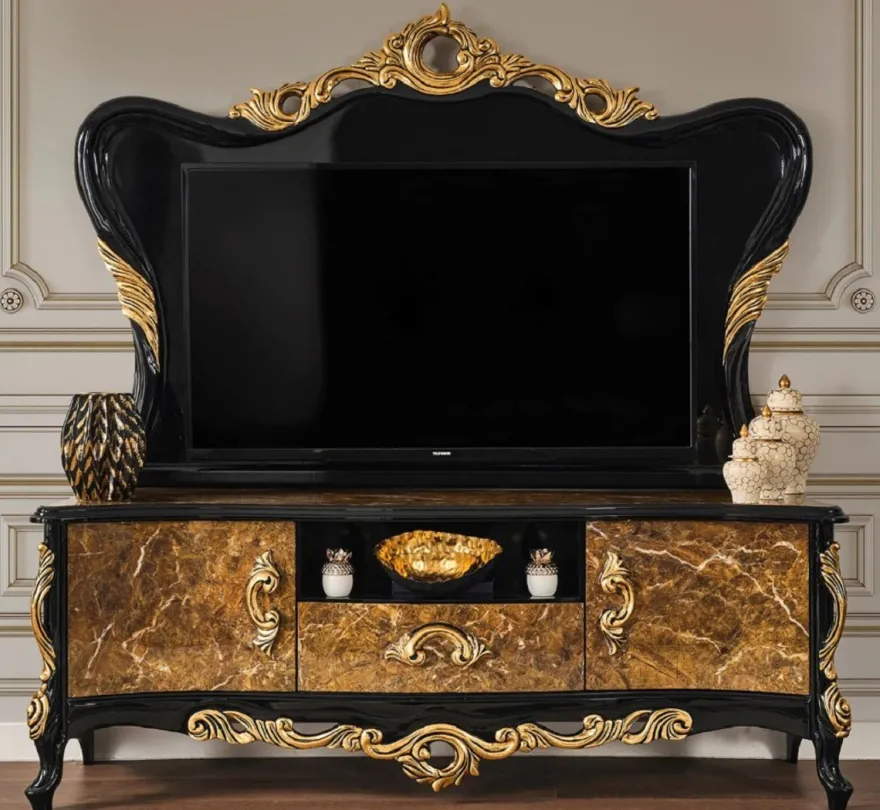 Casa Padrino Luxus Barock TV Schrank Braun / Schwarz / Gold 180 x 50 x H. 190 cm - Prunkvolles Massivholz Sideboard - Barock Wohnzimmer Möbel