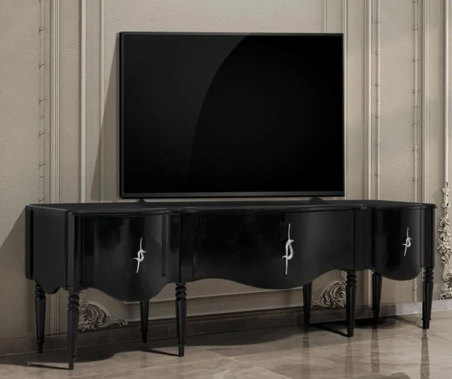 Casa Padrino Luxus Barock TV Schrank Schwarz / Silber 230 cm - Barock Wohnzimmer Möbel
