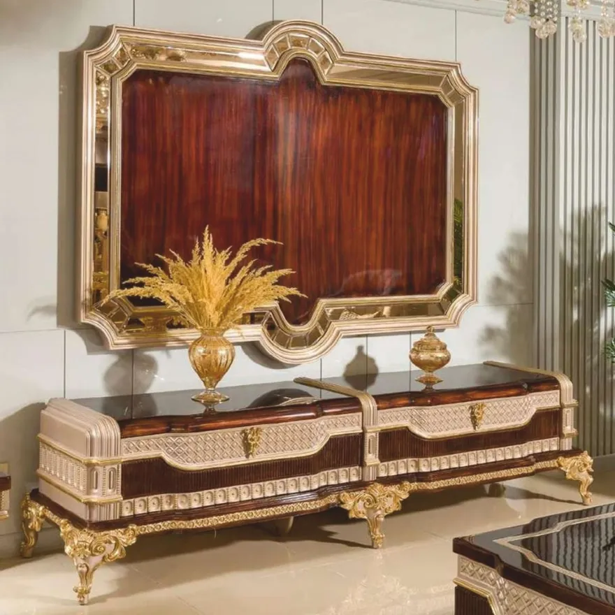 Casa Padrino Luxus Barock TV Schrank mit TV Rückwand Dunkelbraun / Grau / Gold - Barock Möbel