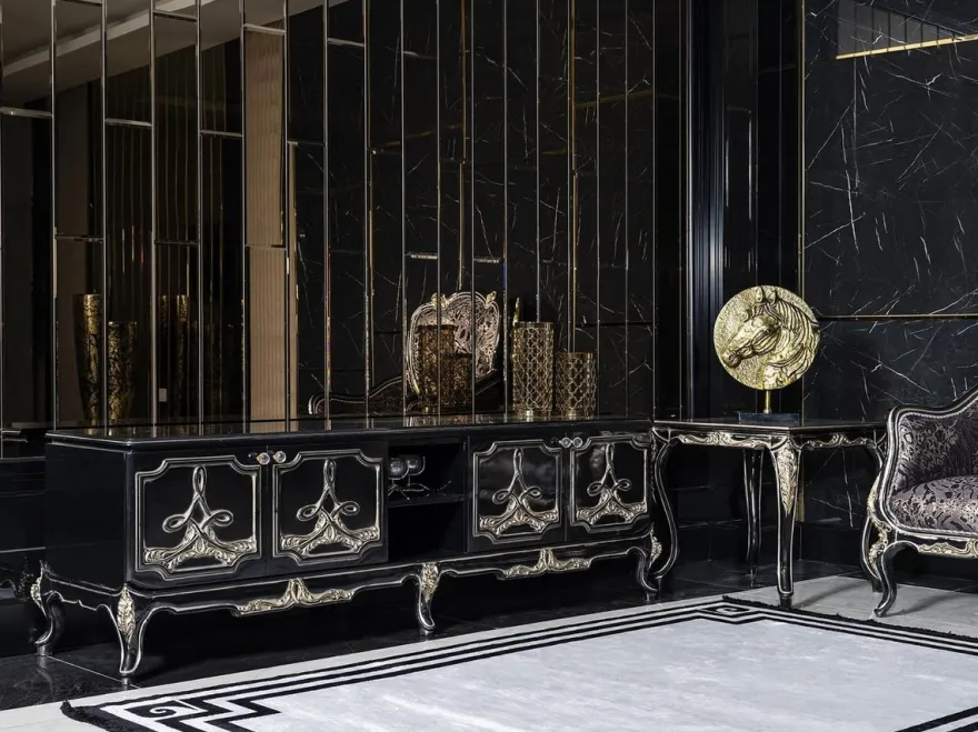 Casa Padrino Luxus Barock TV Schrank Schwarz / Gold - Prunkvolles Wohnzimmer Sideboard mit 4 Türen - Barock Wohnzimmer Möbel