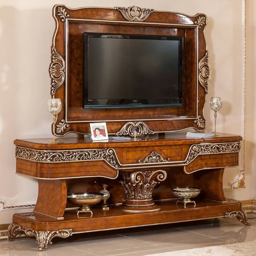 Casa Padrino Luxus Barock TV Schrank Braun / Bronzefarben - Prunkvolles Wohnzimmer Sideboard mit Rückwand - Barock Wohnzimmer Möbel - Edel & Prunkvoll