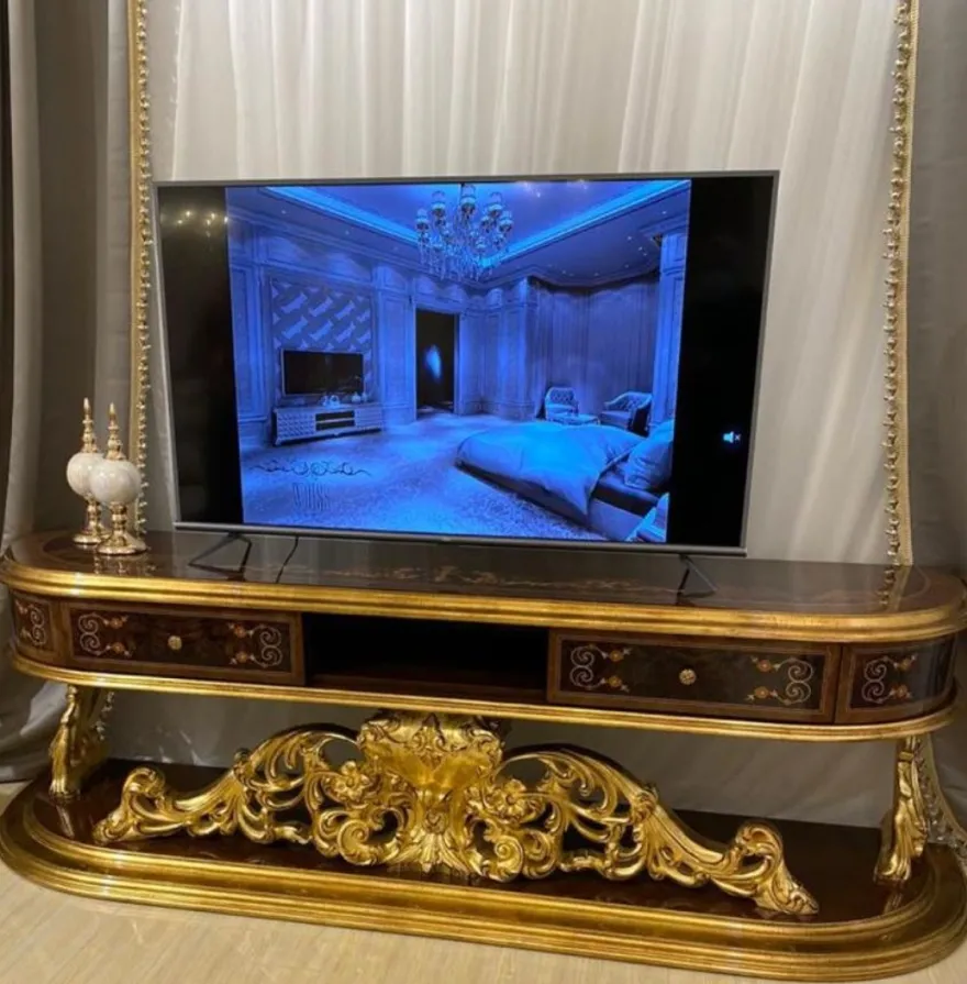 Casa Padrino Luxus Barock TV Schrank Braun / Antik Gold 220 x 50 x H. 70 cm - Prunkvoller Massivholz Fernsehschrank - Barock Wohnzimmer Möbel
