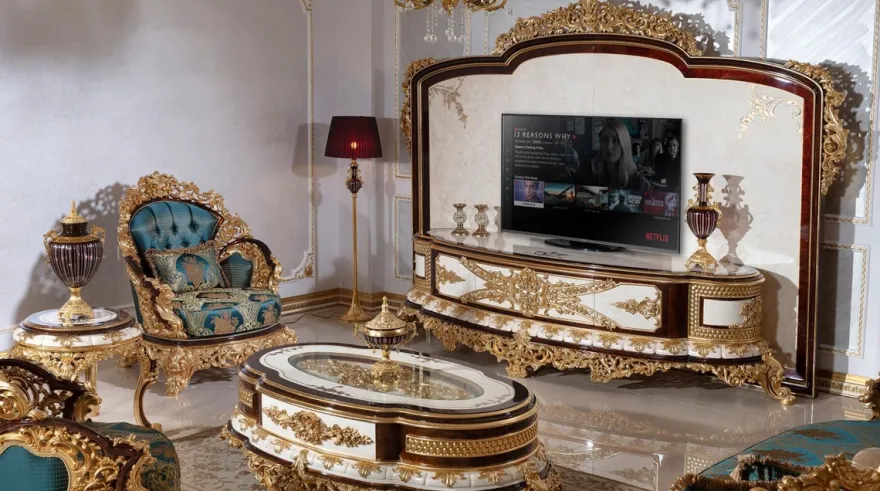 Casa Padrino Luxus Barock TV Schrank Weiß / Braun / Gold - Prunkvolles Wohnzimmer Sideboard mit Rückwand - Barock Wohnzimmer Möbel - Edel & Prunkvoll