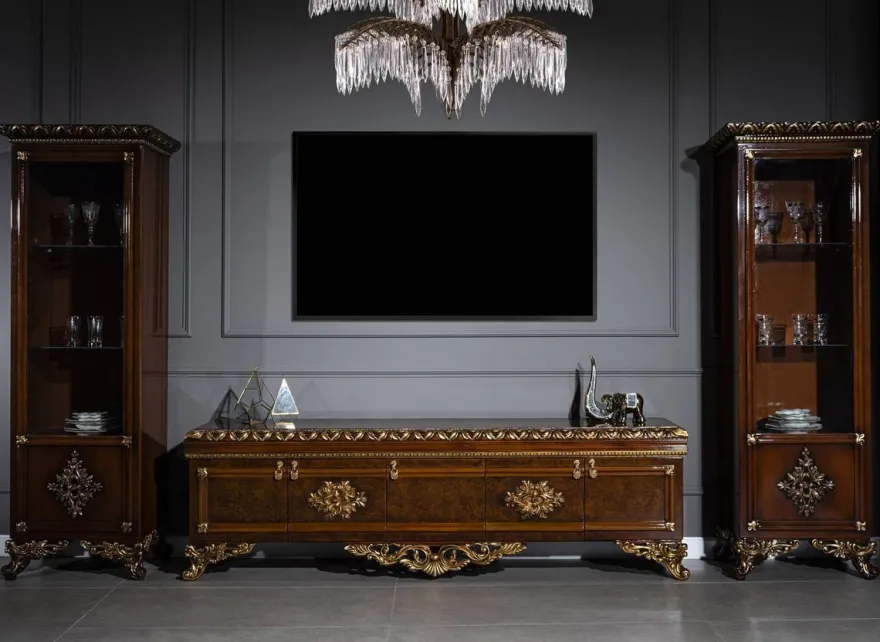 Casa Padrino Luxus Barock TV Schrank Braun / Gold - Prunkvolles Wohnzimmer Sideboard mit 5 Türen - Barock Wohnzimmer Möbel