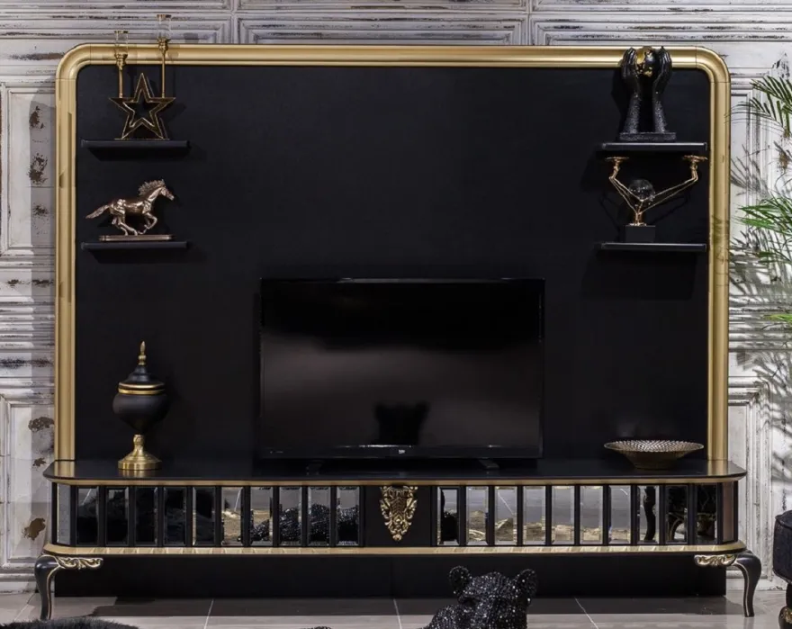 Casa Padrino Luxus Barock TV Schrank Schwarz / Gold - Prunkvolles Wohnzimmer Sideboard mit Rückwand - Barock Wohnzimmer Möbel