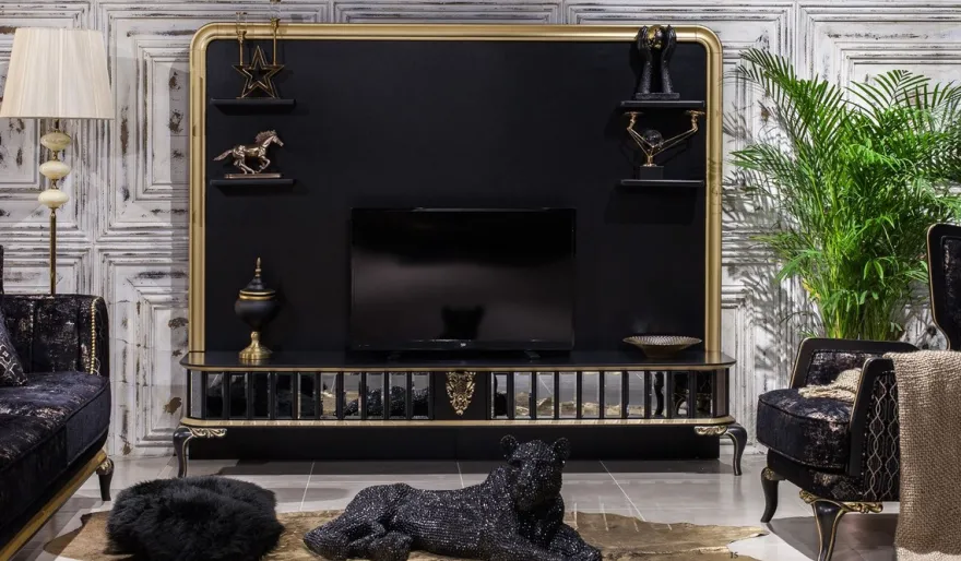 Casa Padrino Luxus Barock TV Schrank Schwarz / Gold - Prunkvolles Wohnzimmer Sideboard mit Rückwand - Barock Wohnzimmer Möbel