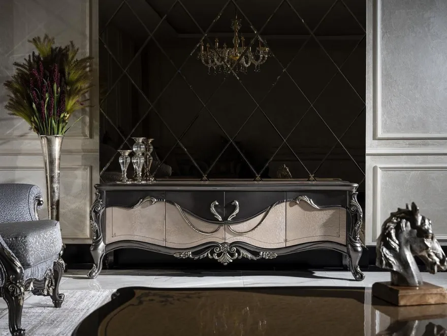 Casa Padrino Luxus Barock TV Schrank Dunkelgrau / Beige / Gold - Prunkvolles Wohnzimmer Sideboard mit 4 Türen - Barock Wohnzimmer Möbel