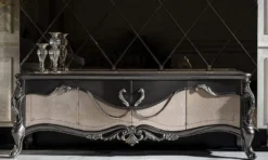 Casa Padrino Luxus Barock TV Schrank Dunkelgrau / Beige / Gold - Prunkvolles Wohnzimmer Sideboard mit 4 Türen - Barock Wohnzimmer Möbel