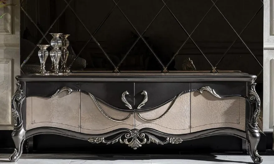 Casa Padrino Luxus Barock TV Schrank Dunkelgrau / Beige / Gold - Prunkvolles Wohnzimmer Sideboard mit 4 Türen - Barock Wohnzimmer Möbel