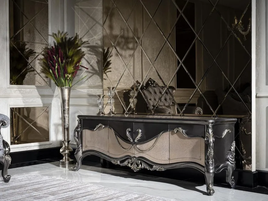 Casa Padrino Luxus Barock TV Schrank Dunkelgrau / Beige / Gold - Prunkvolles Wohnzimmer Sideboard mit 4 Türen - Barock Wohnzimmer Möbel
