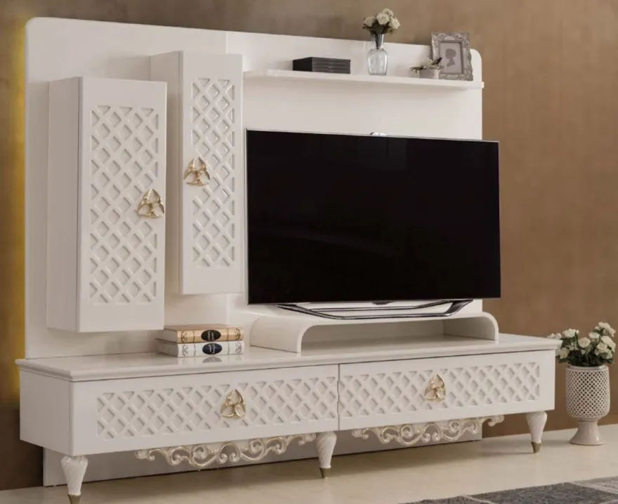 Casa Padrino Luxus Barock TV Schrank Weiß / Gold 225 x 51 x H. 170 cm - Massivholz Schrank - Wohnzimmerschrank - Wohnzimmer Möbel im Barockstil