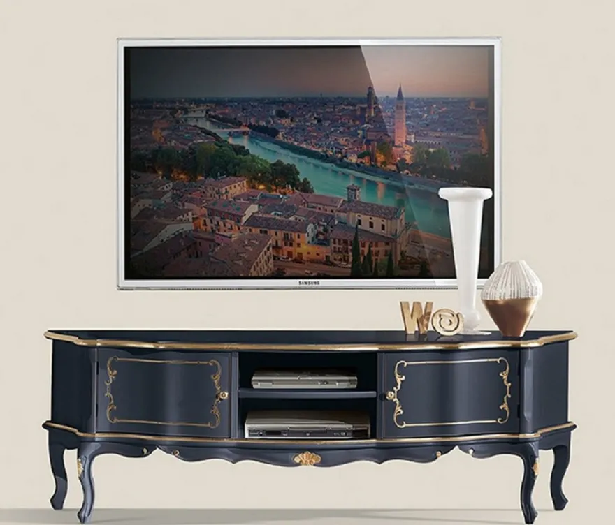Casa Padrino Luxus Barock TV Schrank Blau / Gold - Handgefertigtes Massivholz Sideboard mit 2 Türen - Barock Wohnzimmer Möbel - Luxus Qualität - Made in Italy