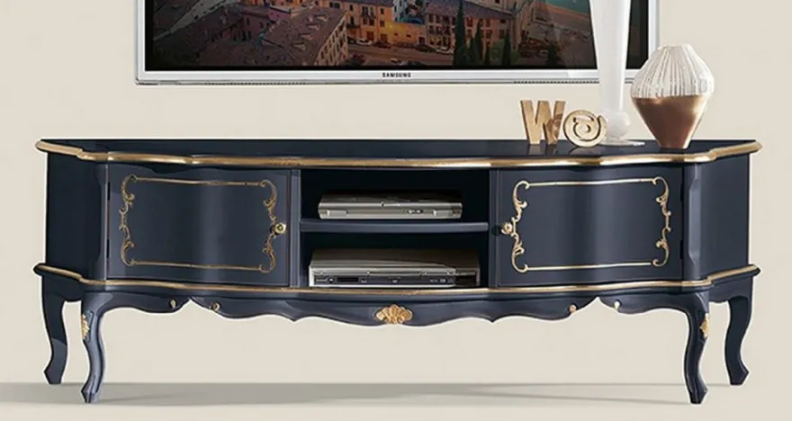 Casa Padrino Luxus Barock TV Schrank Blau / Gold - Handgefertigtes Massivholz Sideboard mit 2 Türen - Barock Wohnzimmer Möbel - Luxus Qualität - Made in Italy