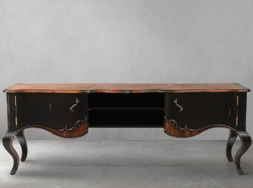 Casa Padrino Luxus Barock TV Schrank Braun / Antik Schwarz 182 x 48,5 x H. 63 cm - Prunkvolles Massivholz Sideboard mit 2 Türen - Luxus Möbel im Barockstil - Barock Möbel - Barock Einrichtung