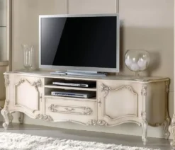 Casa Padrino Luxus Barock TV Schrank Cremefarben / Silber - Handgefertigtes Massivholz Sideboard mit 2 Türen und Schublade - Barock Wohnzimmer Möbel - Luxus Qualität - Made in Italy