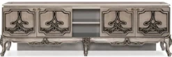Casa Padrino Luxus Barock TV Schrank Silber - Prunkvolles Massivholz Sideboard mit 4 Türen - Luxus Wohnzimmer Möbel im Barockstil - Barock Möbel - Edel & Prunkvoll