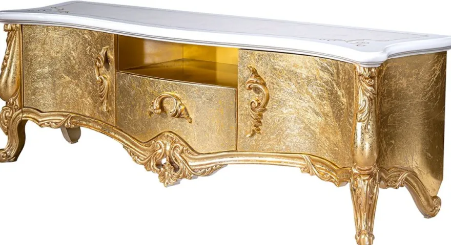 Casa Padrino Luxus Barock TV Schrank Weiß / Gold 176 x 48 x H. 61 cm - Prunkvoller Fernsehschrank mit 2 Türen und Schublade - Barock Wohnzimmer Möbel