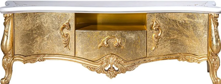 Casa Padrino Luxus Barock TV Schrank Weiß / Gold 176 x 48 x H. 61 cm - Prunkvoller Fernsehschrank mit 2 Türen und Schublade - Barock Wohnzimmer Möbel